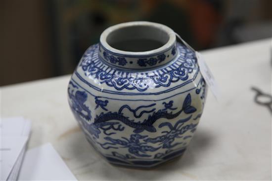 A Chinese octagonal blue and white jar, 12.5cm